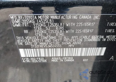 2018 Toyota Rav4 Le из США, поврежденный, VIN 2T3ZFREV5JW504555